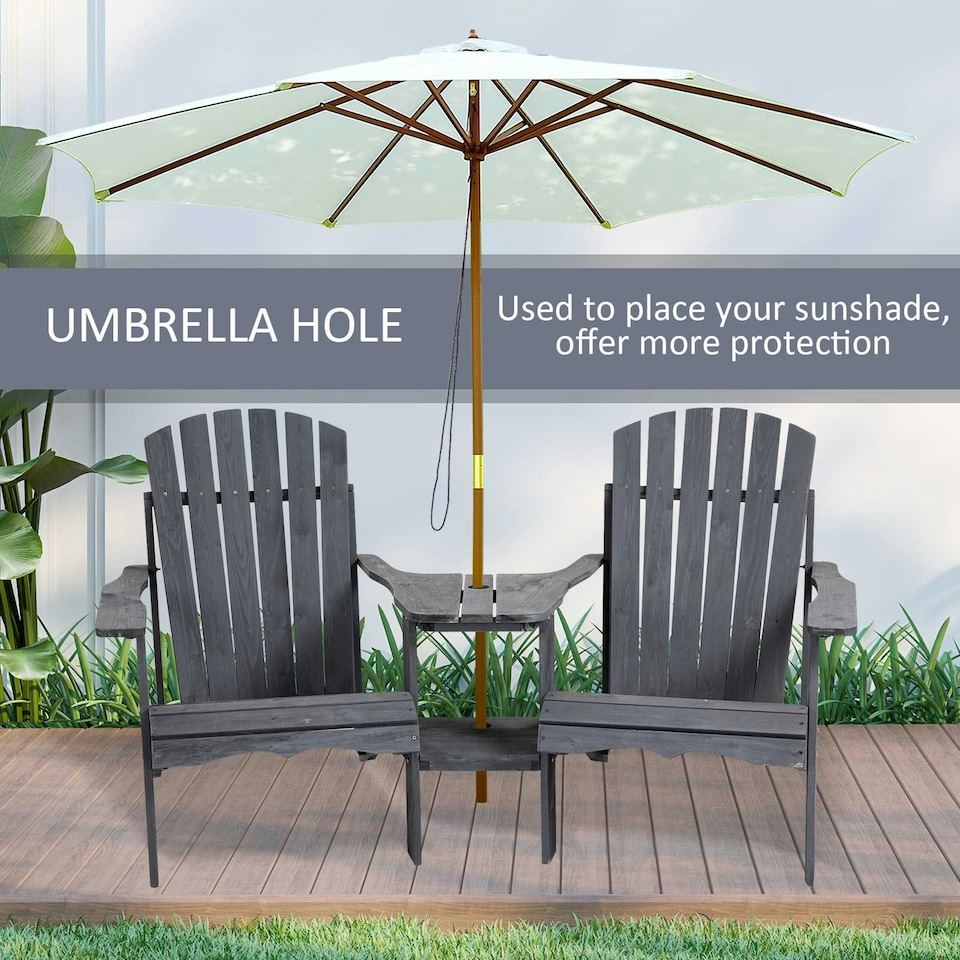 image 1 of Outsunny Wooden Outdoor Double Adirondack Chair with Table Dark Grey