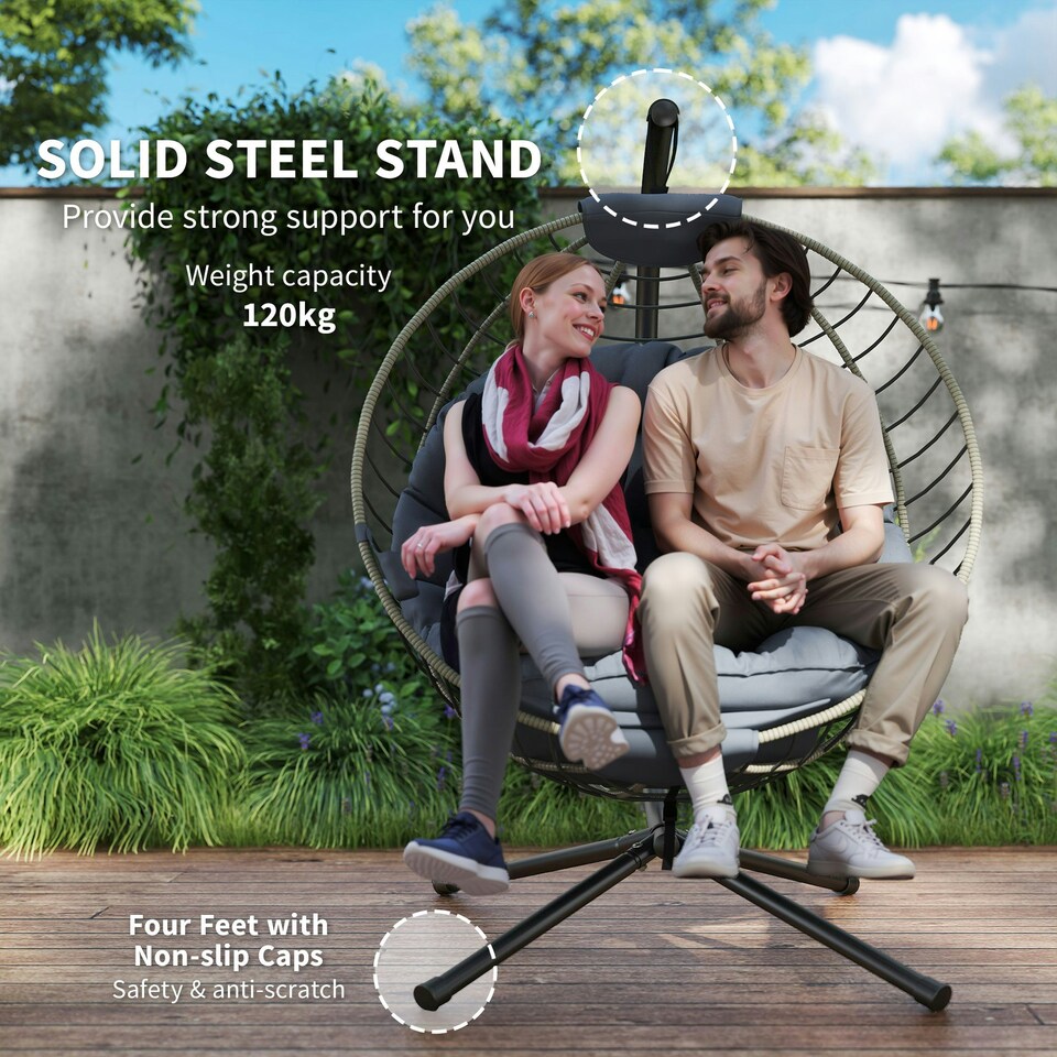 image 1 of Outsunny PE Rattan Hanging Swing Chair w/ Stand & Cup Holder, Grey | Grey | One Size