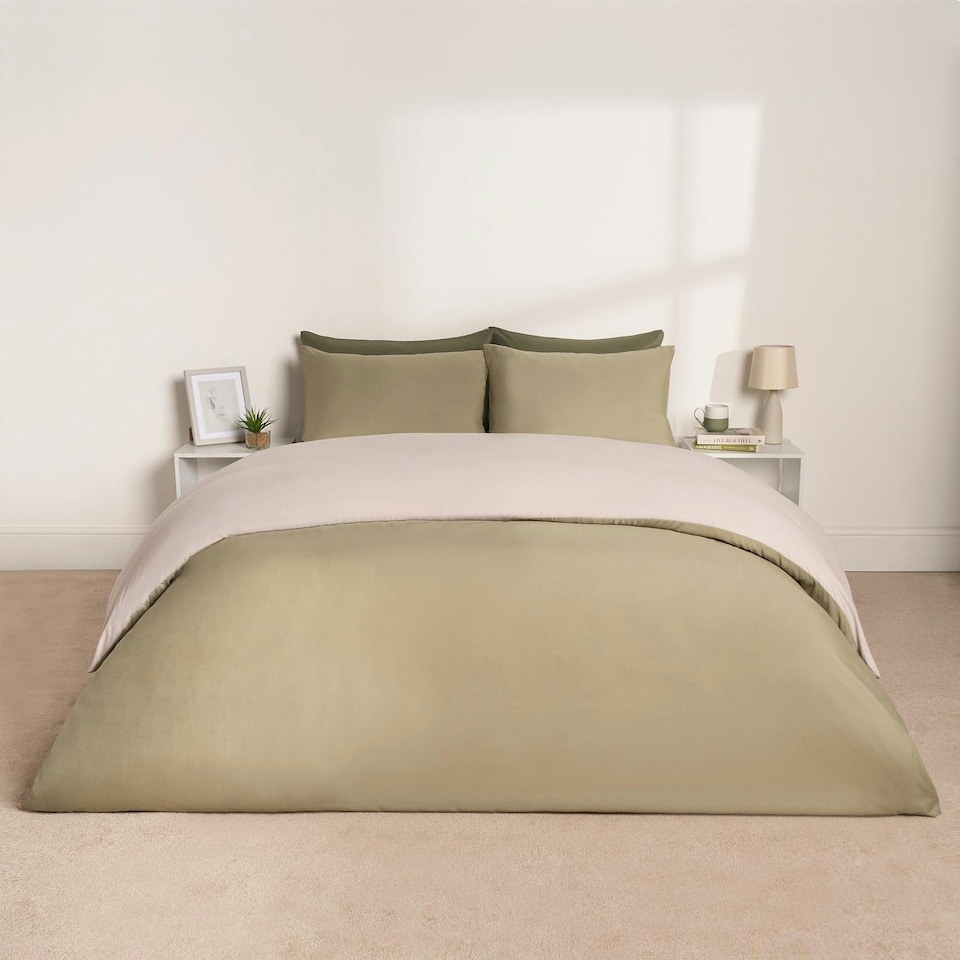 image 1 of OHS Reversible Microfibre Duvet Cover and Pillowcase Bedding Set, Double - Natural/Sage