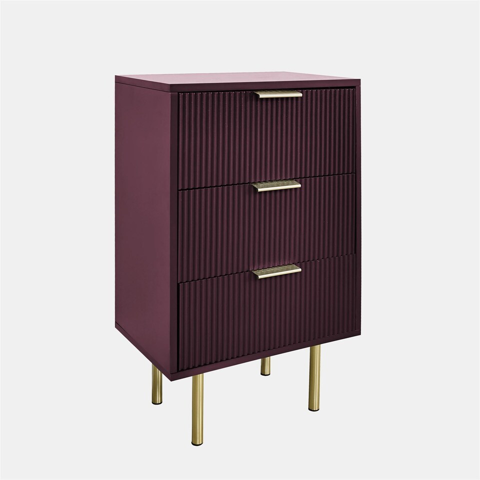 image 1 of OHS Ribbed Bedside Table Modern Bedroom 3 Draw Office Nightstand | Red | Dark Berry