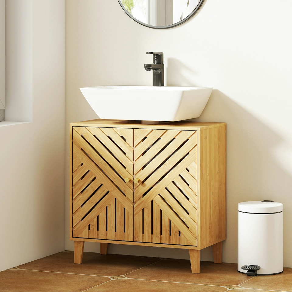 image 1 of HOMCOM Bamboo Bathroom Under Sink Cabinet with Adjustable Shelf, Natural Brown