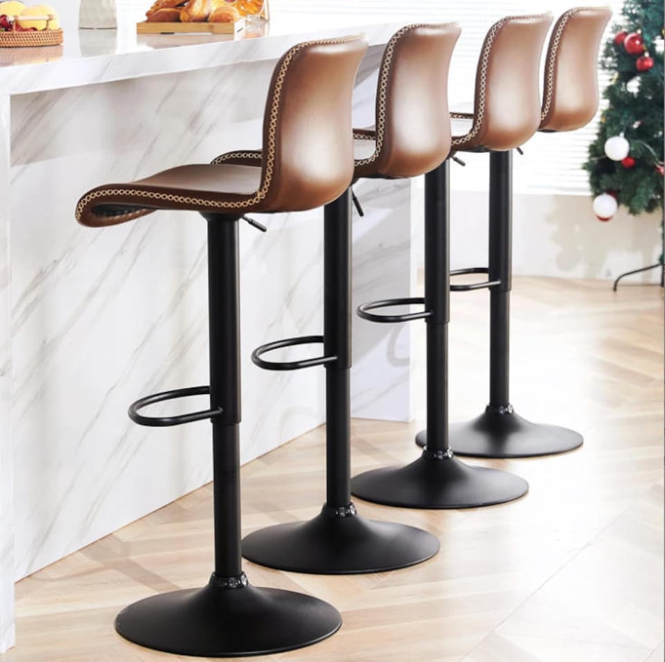 Set of 4 Height Adjustable Swivel Bar Stools with Backrest and Footrest - Khaki