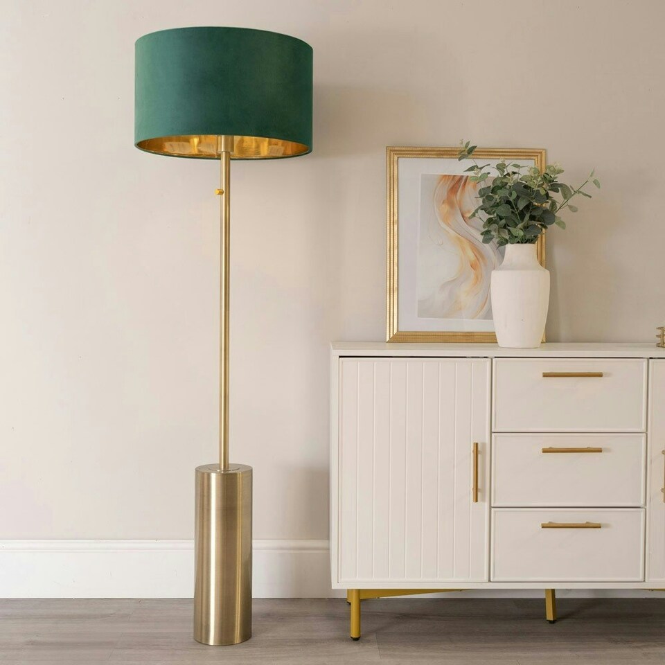 image 1 of ValueLights Lexy Gold Dimmable Floor Lamp with Forest Green Velvet with Gold Inner Lamp Shade