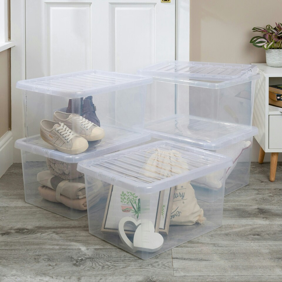 image 1 of Wham Crystal 5 x 37L Stackable Plastic Storage Boxes with Lids Clear Clear