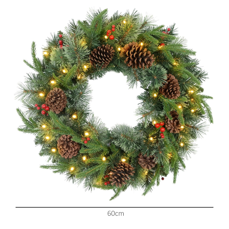 image 1 of HOMCOM 60cm Christmas Wreath with LED Lights Pine Cones Red Berries Green
