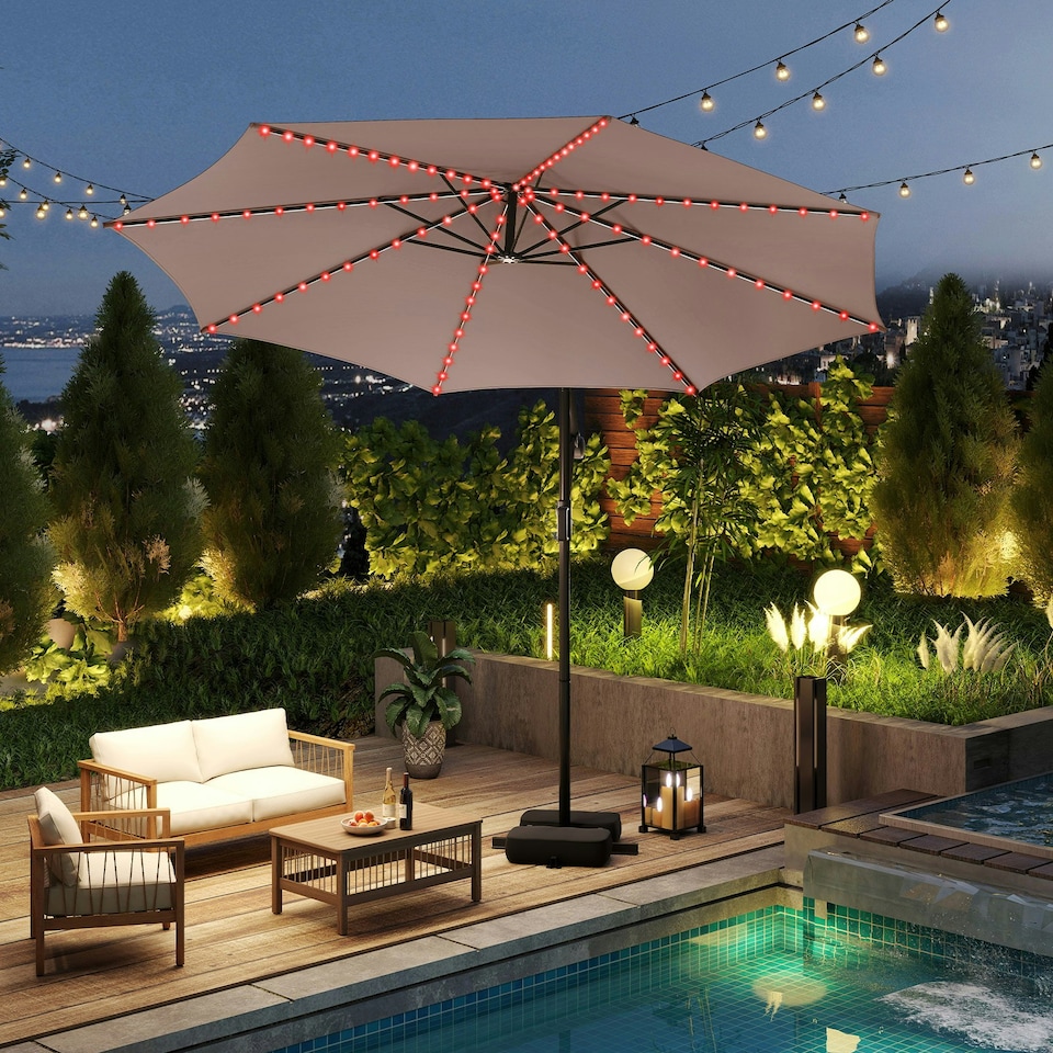 image 1 of COSTWAY 290 cm Solar Offset Hanging Sunshade Parasol Coffee Brown