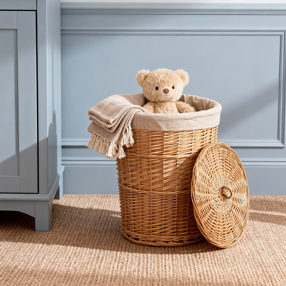 image 1 of Wicker Laundry Hamper Basket, Laundry Basket with Lid, Round Washing Baskets, Wicker Wash Baskets with Lining Bathroom Storage (Brown, Large)