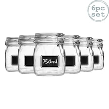 Bormioli Rocco Lavagna Glass Storage Jars with Labels - 750ml - Pack of 6