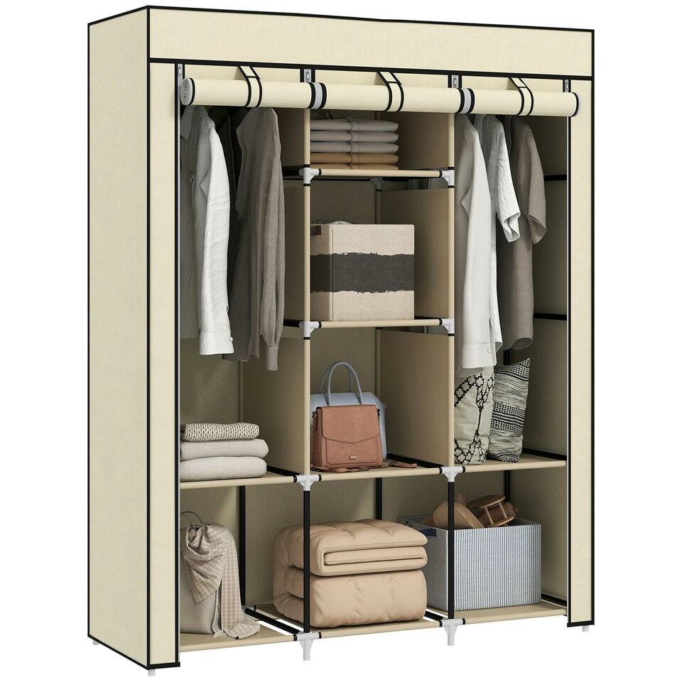 image 1 of HOMCOM Fabric Portable Wardrobe with 8 Shelves 2 Hanging Rails, Cream White Cream