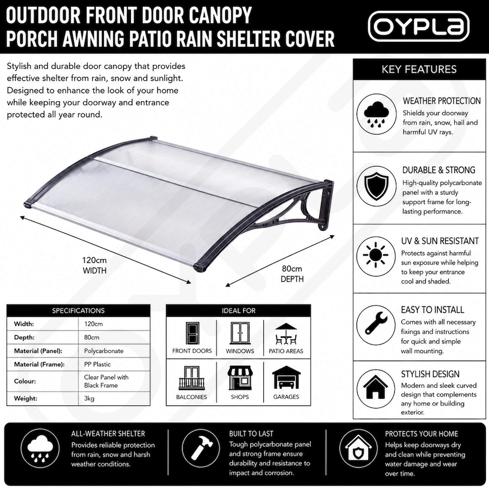 image 1 of Outdoor Front Door Canopy Porch Awning Patio Rain Shelter Cover 120x80cm | Clear | 1