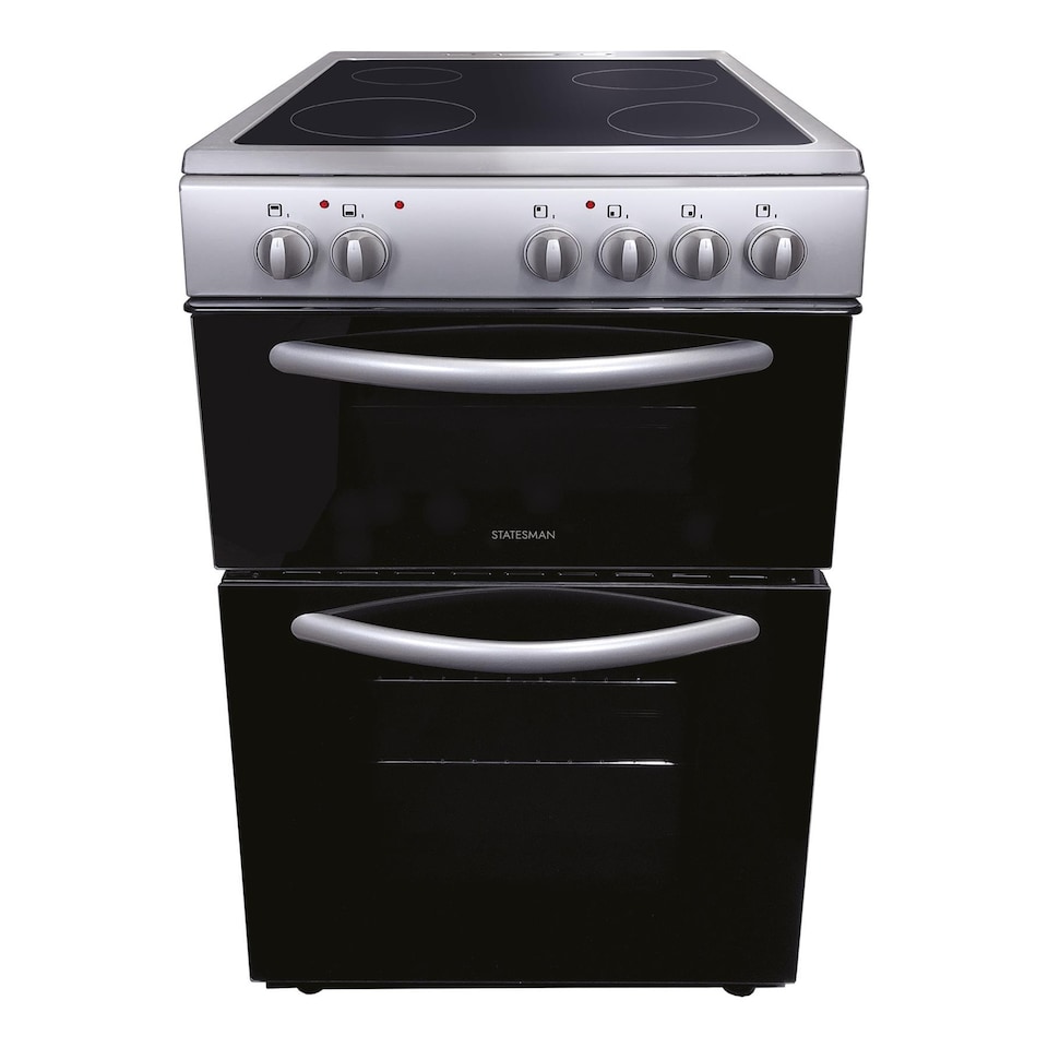 image 1 of Statesman EDC50S Fan Assisted Double Oven Electric Cooker, 4 Zone Ceramic Hob, 50cm Wide, Silver,H:900 x W:500 x D600 (MM)