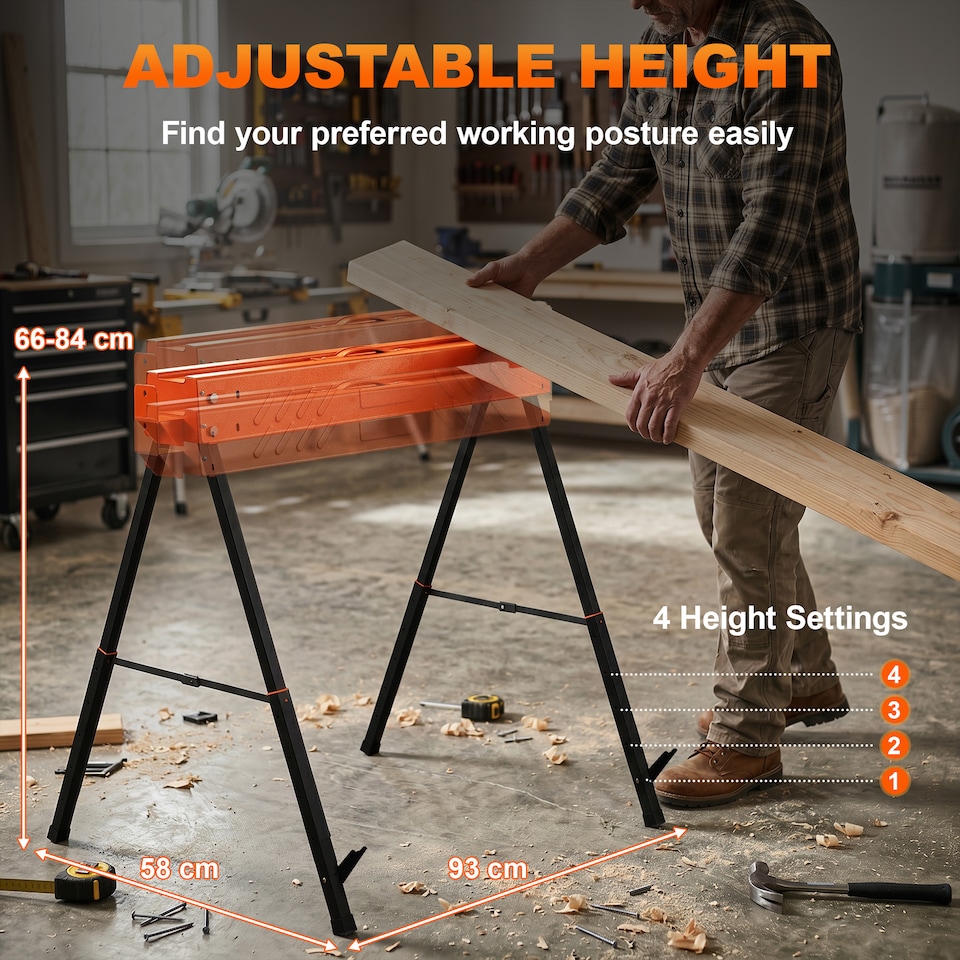 image 1 of HOMCOM Saw Horses Twin Pack, Sawhorses with Height Adjustable Legs, Orange