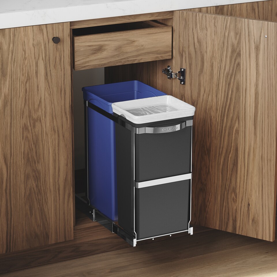 image 1 of Simplehuman 35L Pull-Out Recycling Double Kitchen Cupboard Cabinet Bin, Polished Heavy-Duty Steel Frame