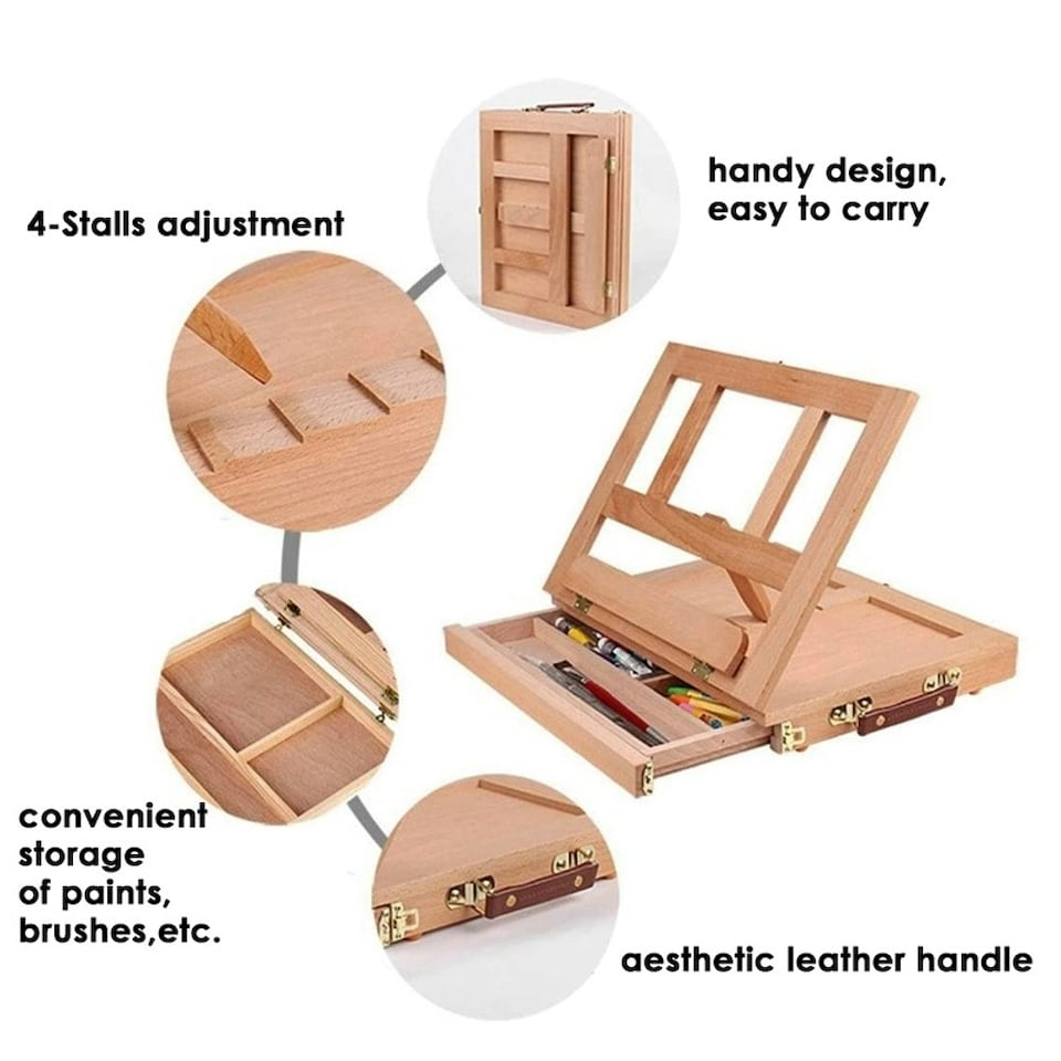 image 1 of Desktop Art Beech Wood Painting Stand Display Easel with Storage 34.5 x 26 x 6.5cm