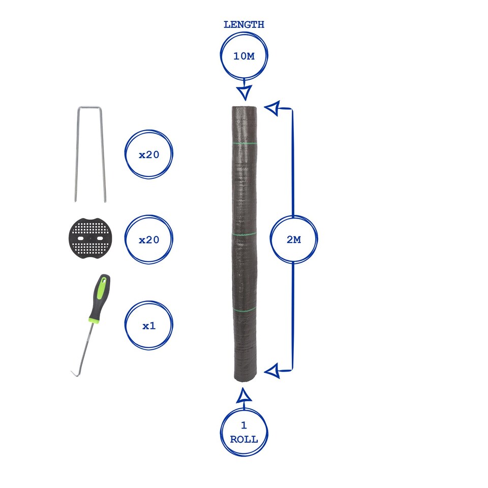 image 1 of Harbour Housewares 110gsm Weed Control Membrane Set with Pegs & Plates - 2m x 10m | Black | Black