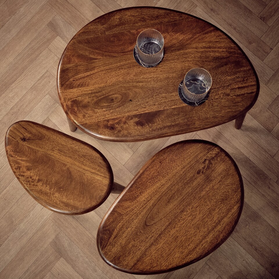 image 1 of 3 Piece Nesting Coffee Table Set – Solid Mango Wood Nest of Tables, Dark Oak Finish Wooden Side Tables for Living Room, Rustic Modern Sofa End Tables, No Veneer