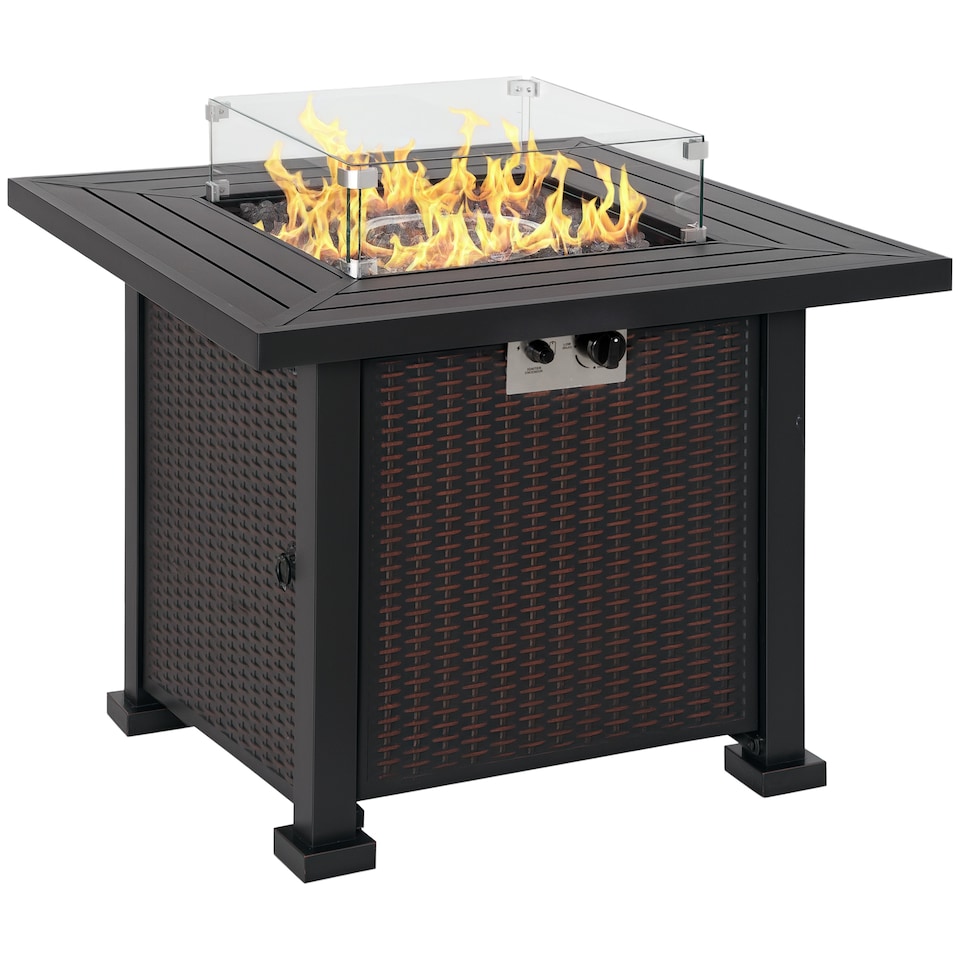 image 1 of Outsunny Square Propane Gas Fire Pit Table, 50000 BTU Rattan Smokeless Firepit Patio Heater with Glass Screen, Glass Beads and Lid, 81cm x 81cm x 64cm, Black