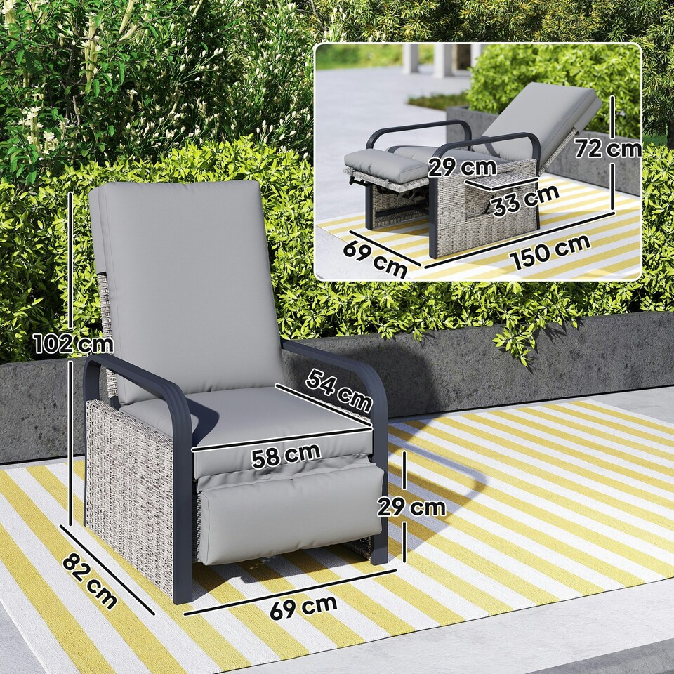 image 1 of Outsunny Rattan Garden Recliner Chair Sun Lounger w/ Side Tray Grey