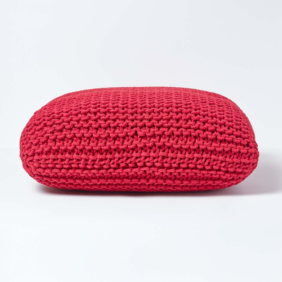 image 1 of Homescapes Red Square Cotton Knitted Pouffe Floor Cushion | Red | 70 x 20 cm
