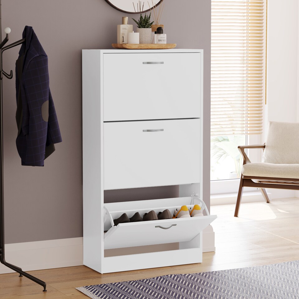 image 1 of Vida Designs 3 Drawer Shoe Cabinet Shoe Rack Storage Cupboard, White