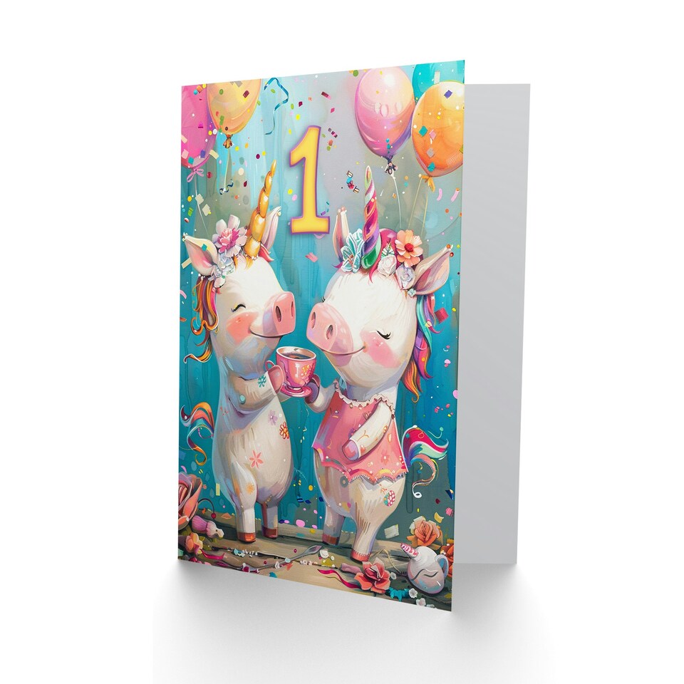 image 1 of Cute Unicorn Piglet Party Balloons 1st First Child Kids Birthday Card