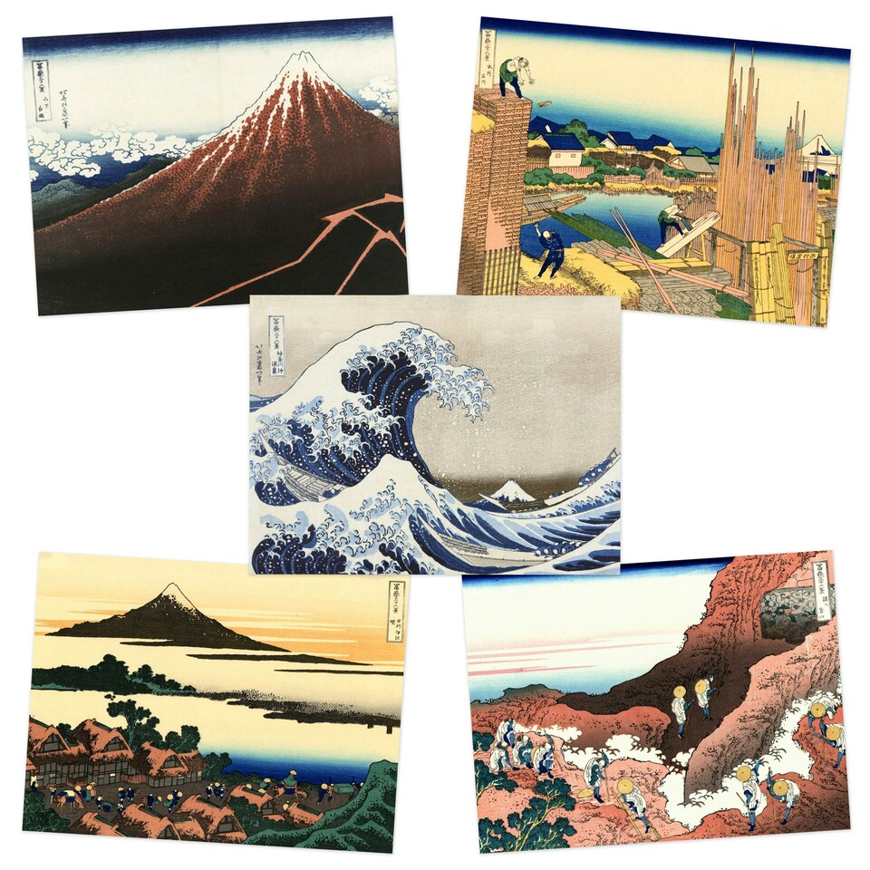 image 1 of Pack of 5 Hokusai Views Mount Fuji Dawn Isawa Japanese Woodblock Home Decor Wall Art Poster 12x16 Inch