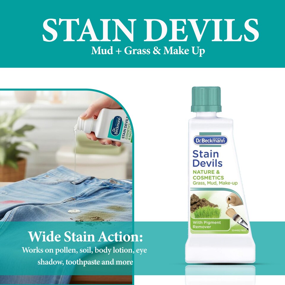 image 1 of Dr Beckmann Stain Devils Cosmetics and Nature Remover 50ml Makeup Lipstick Grass Mud Soil Pollen Stain Cleaner