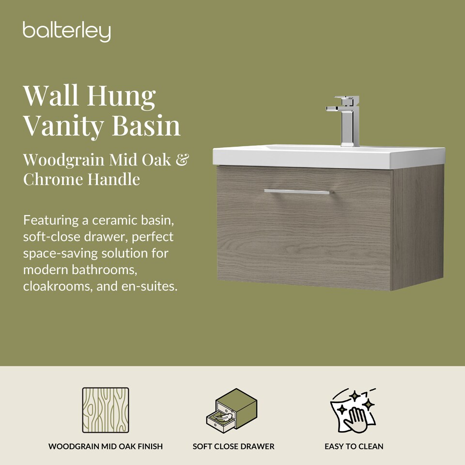 image 1 of Bathroom Wall Hung 1 Soft Close Drawer Vanity Unit, Solace Oak, 610mm | Brown | Solace Oak | 399 x 610 x 390mm