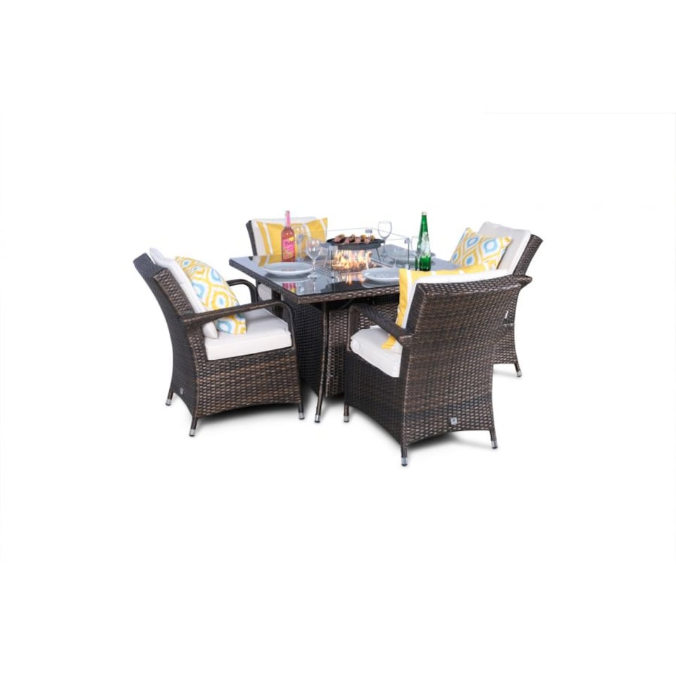 image 1 of Arizona Fire Pit 4 Seater Square Rattan Dining Set | Brown | Brown