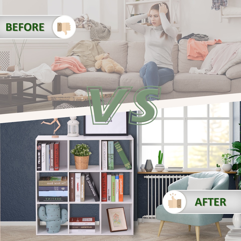 image 1 of HOMCOM 3 Tier Bookshelf, Modern Cube Bookcase with 9 Open Storage Compartments, Freestanding Display Storage Unit for Living Room, Bedroom, Study, White