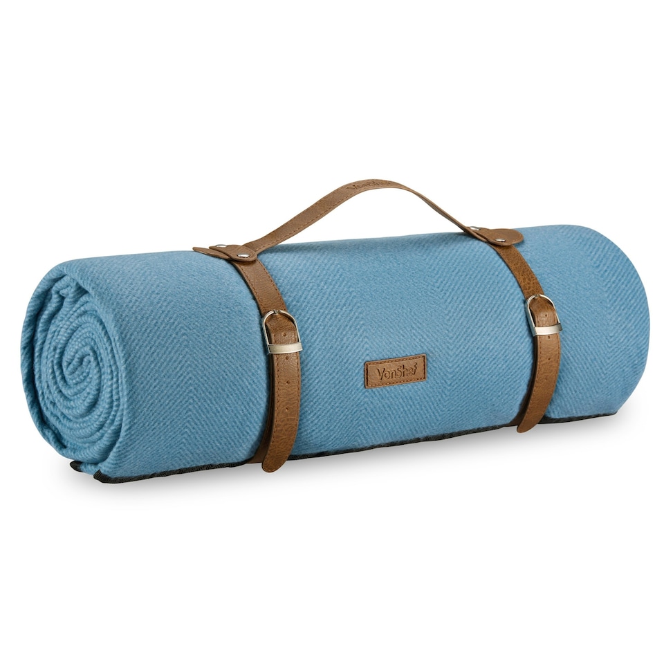 image 1 of VonShef Picnic Blanket, Large Blue Herringbone Rug with Waterproof Back, 220x200cm Blue