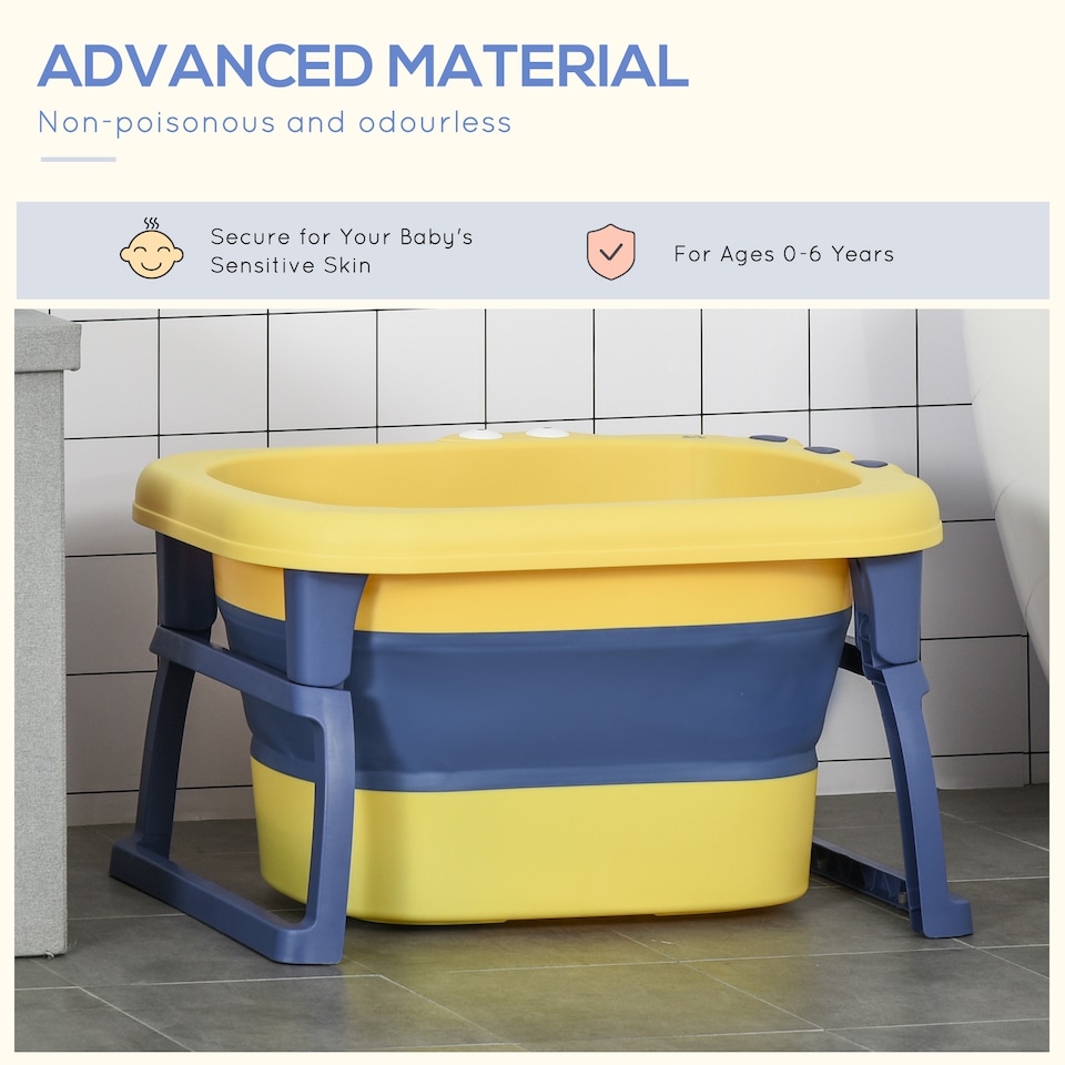 image 1 of HOMCOM Foldable Baby Bathtub for Newborns Infants Toddlers w Stool - Yellow