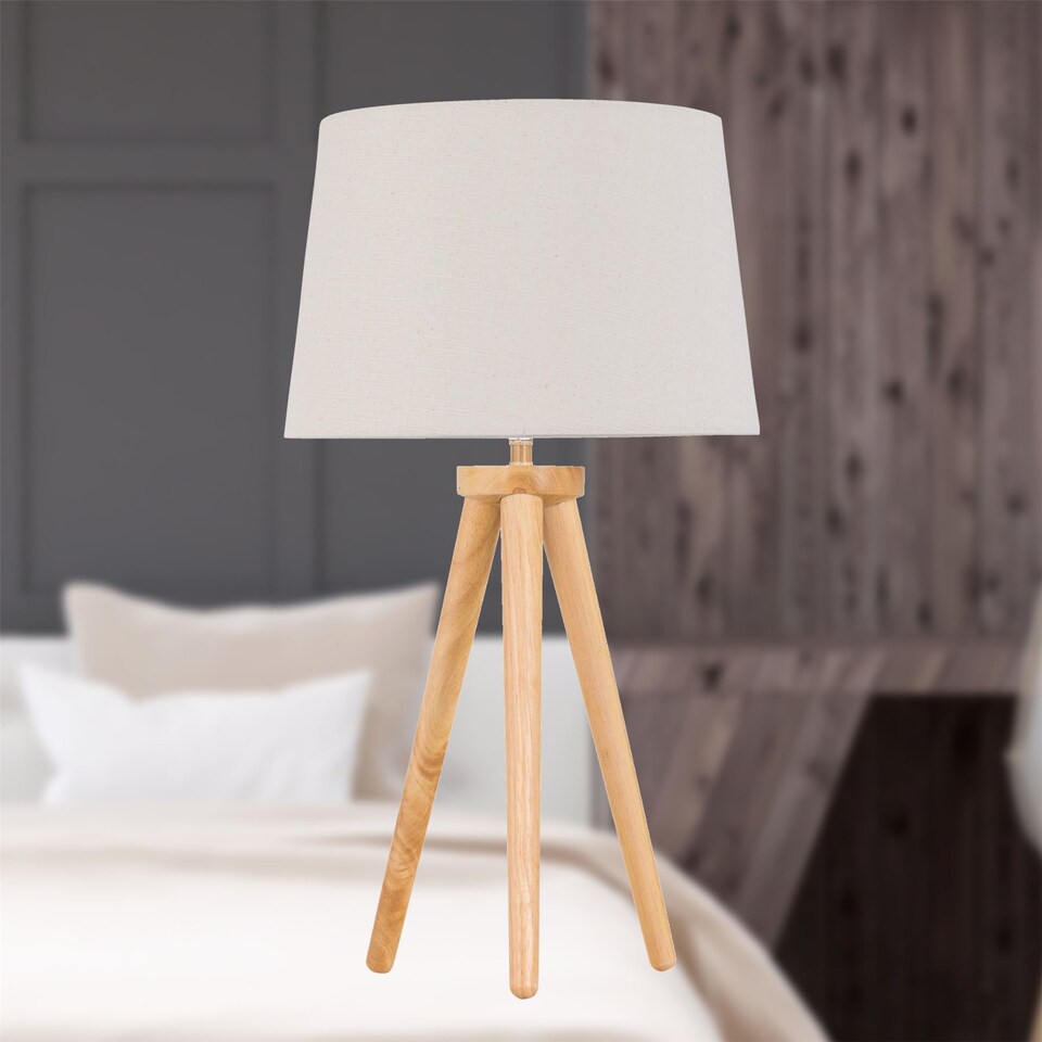 image 1 of Set of 2 Light Oak Table Lamp Bedside Lights with Natural Linen Shades | Brown | Brown | Large | 2