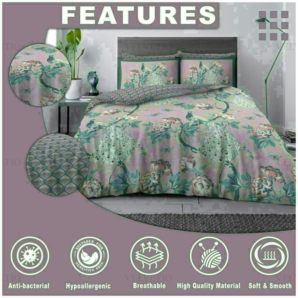 image 1 of Floral Peacock Printed Duvet Cover Set Reversible Polycotton Beddings Pink | Double