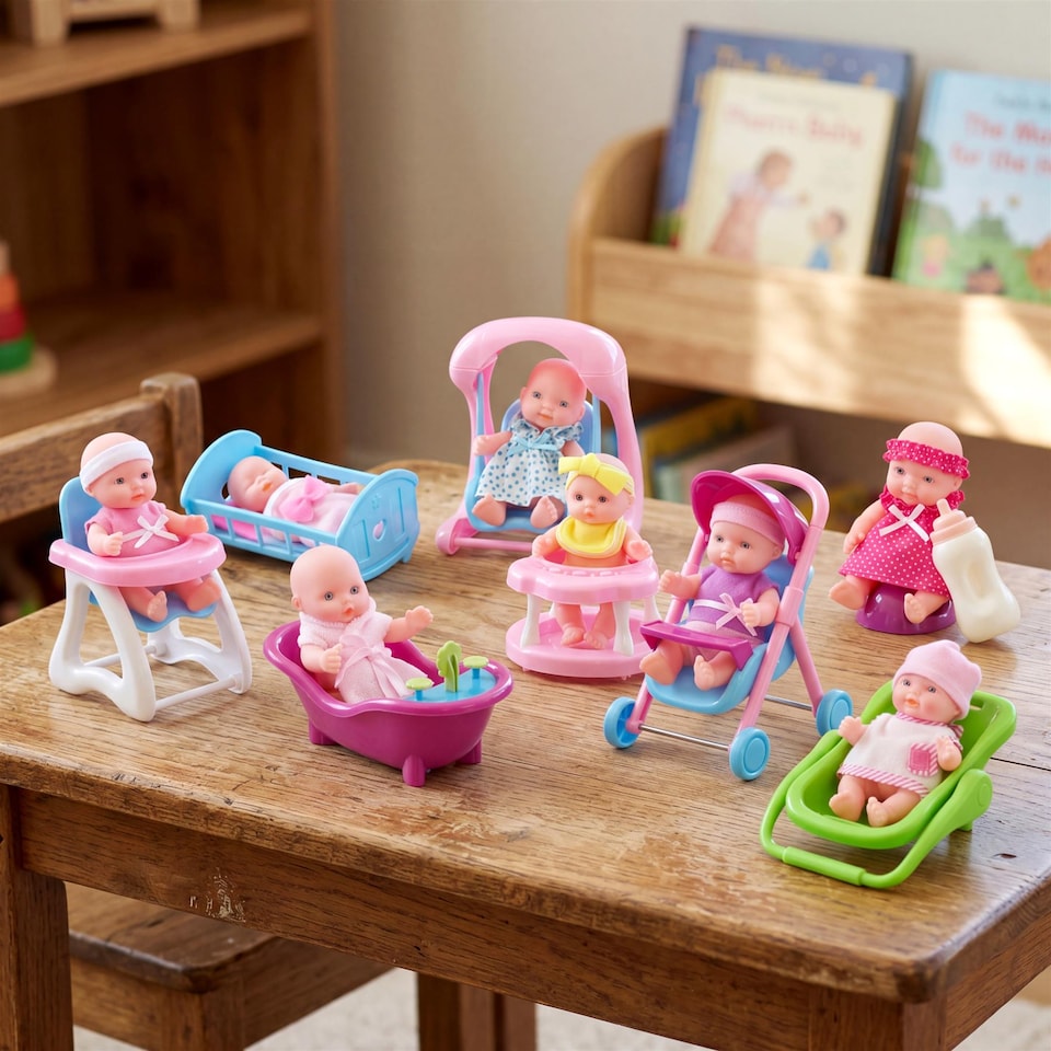 image 1 of BiBi Doll 8-Piece Mini 5" Baby Dolls Playset Toys with Accessories