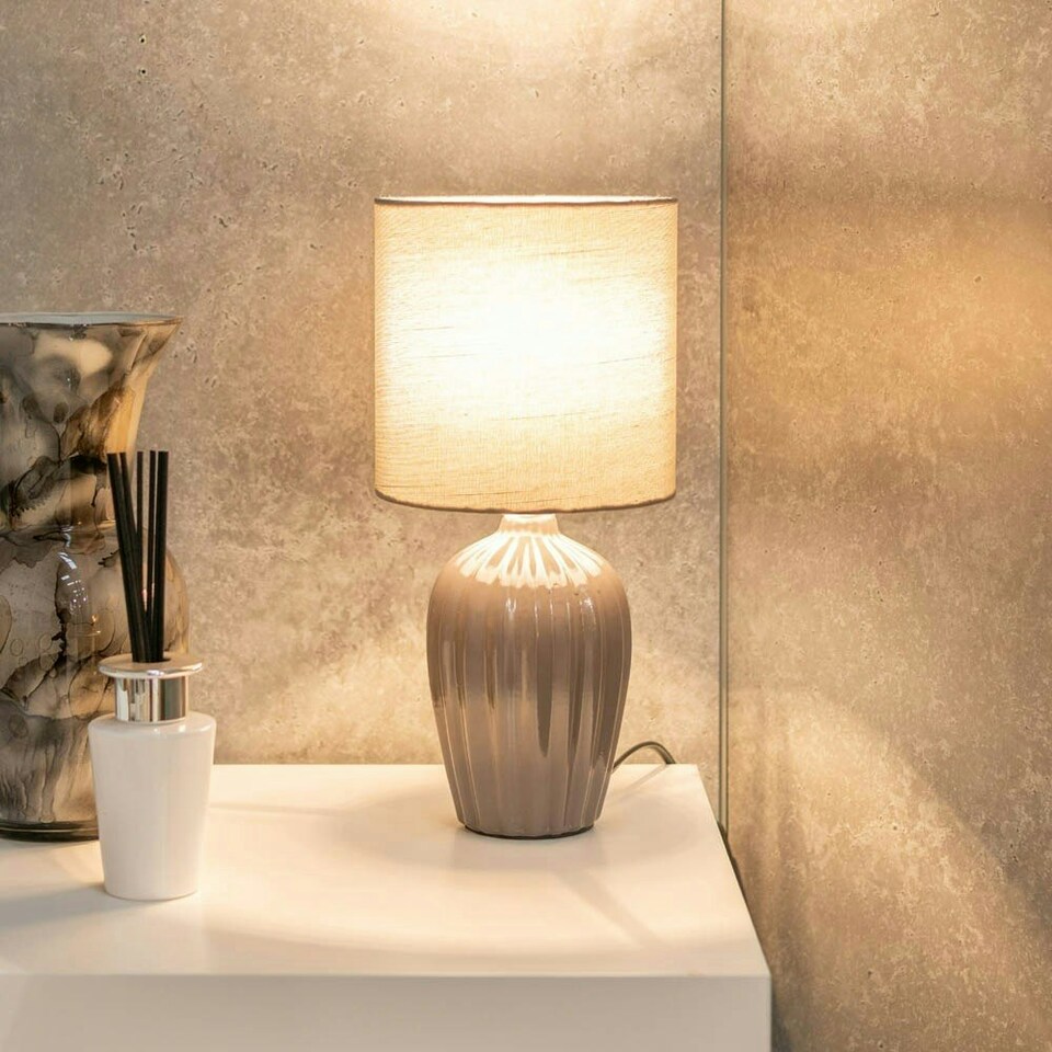 image 1 of ValueLights Carbone Grey Table Lamp with Grey Drum Shade