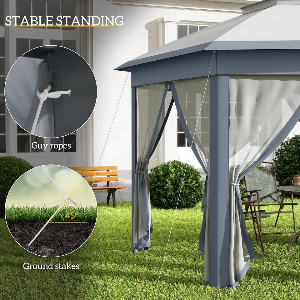 image 1 of Outsunny 3 x 4m Garden Gazebo Hexagon Pop Up Gazebo Party Tent Canopy Double Roof Instant Shelter with Netting and Carry Bag for Outdoor Patio, Grey