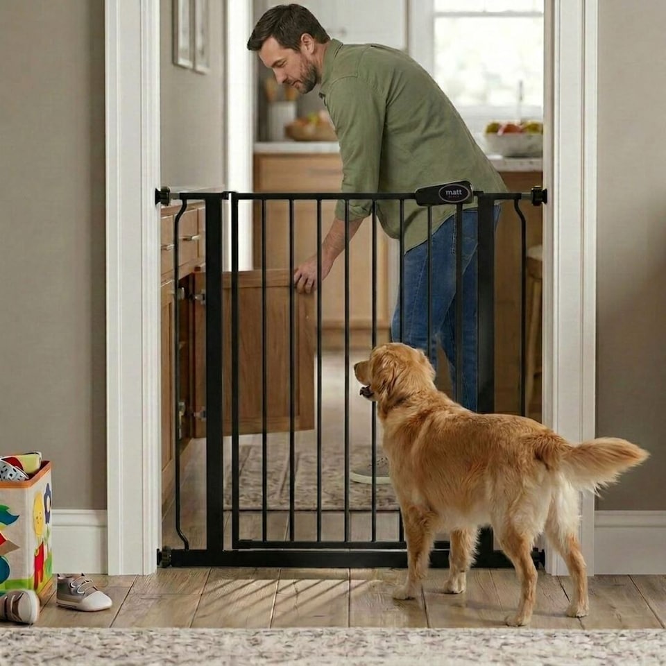 image 1 of Safetots Extra Tall Narrow Metal Safety Gate Pressure Fit, 68.5cm - 75cm, Matt Black, 104cm in Height, Extra Tall Baby Gate | Black | 1