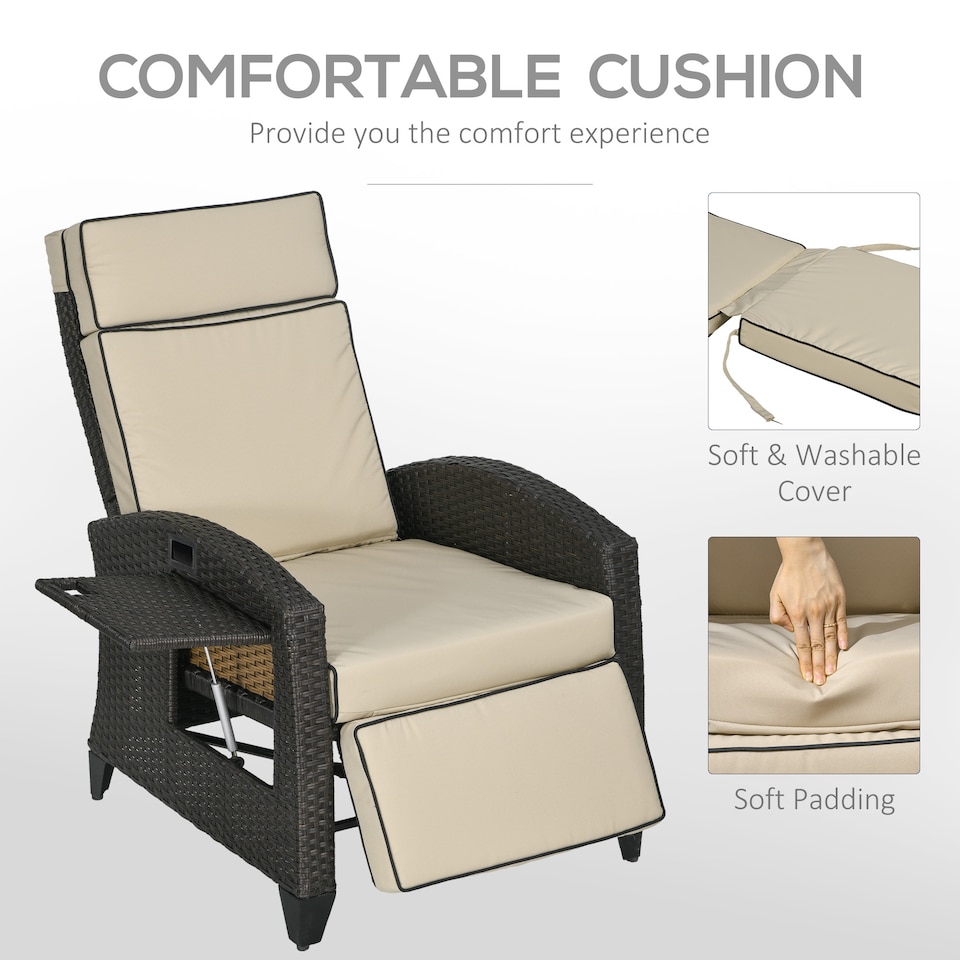 image 1 of Outsunny Garden Recliner w/ Cushion, Reclining Rattan Chair, Khaki/Brown
