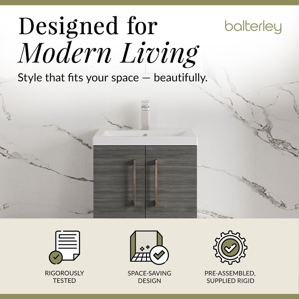 image 1 of Balterley Level Compact Bathroom Cloakroom Vanity Basin Unit with Ceramic Basin, Handles | Grey | Grey Woodgrain | 840 x 510 x 360mm