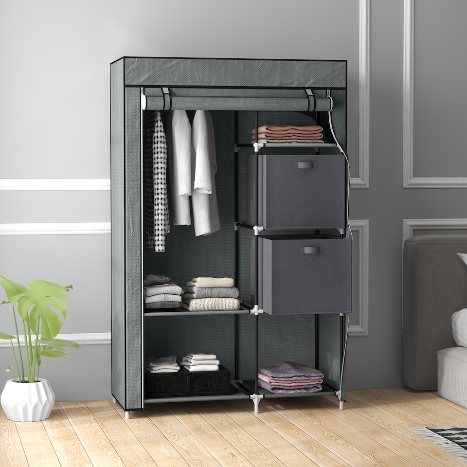 image 1 of HOMCOM Fabric Wardrobe, Portable Wardrobe, Clothes Storage Unit with 5 Compartments, Hanging Rail and 2 Fabric Drawers, 102 x 42.5 x 162.5cm, Dark Grey | Grey | Dark Grey