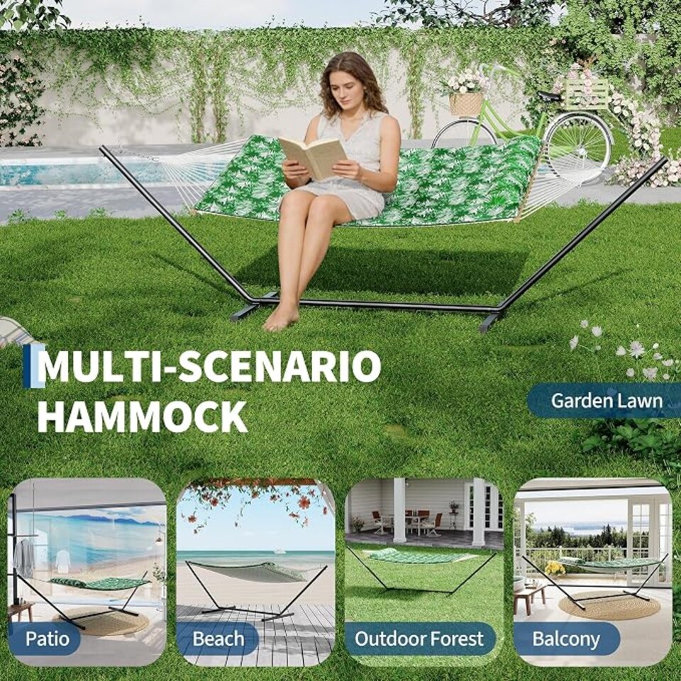 image 1 of London Boutique Double Hammock with Stand, 450lbs Heavy Duty 2 Person Hammock with Pillow & Pad for Backyard Garden Camping