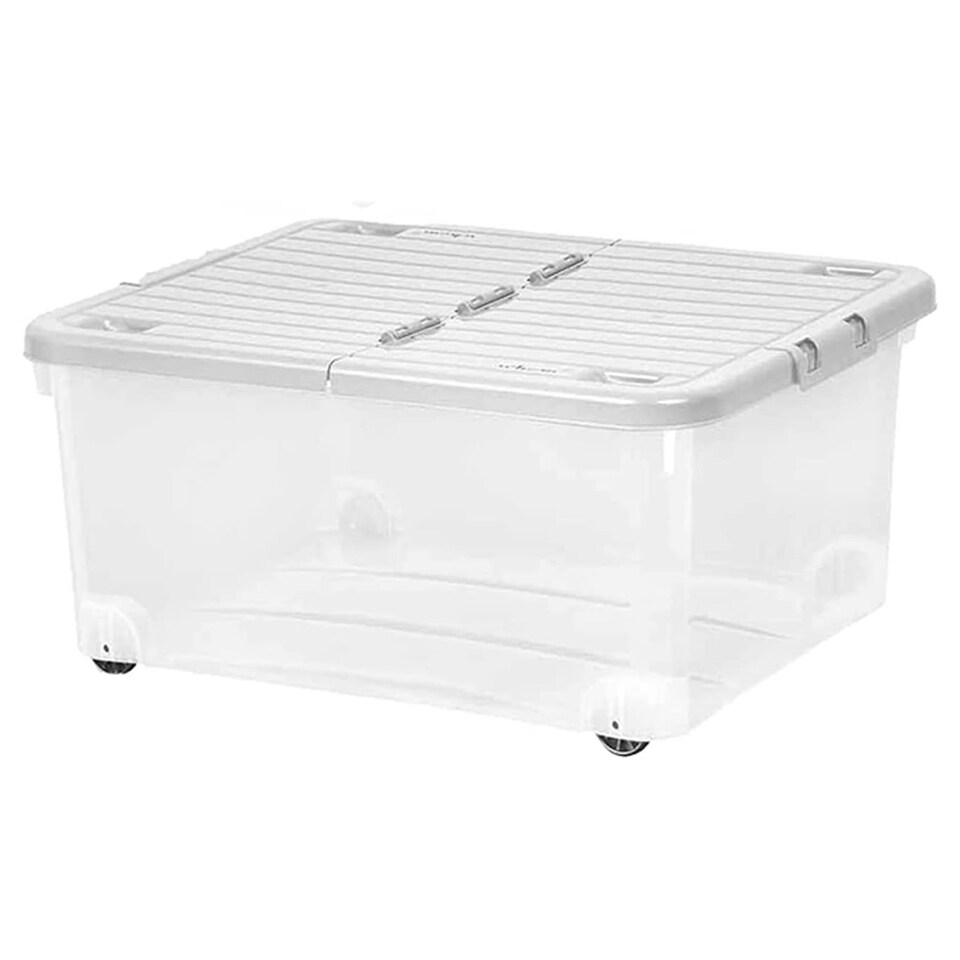 image 1 of 1 x 45 Litre Strong Stackable Home Office Folding Split Lid Storage Container With Wheels Clear
