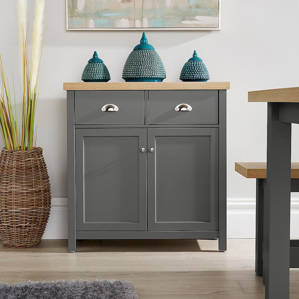 image 1 of Sideboard 2 Door 2 Drawer Storage Cupboard Shelf 36mm Oak Top | Grey