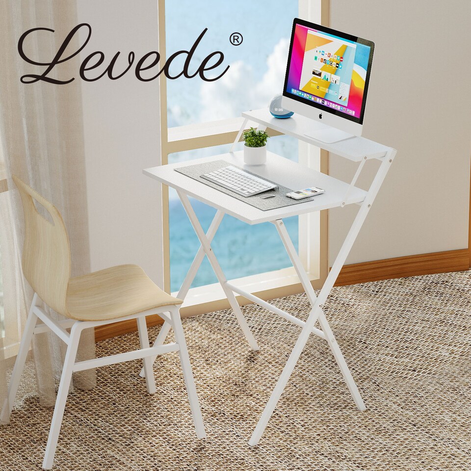 image 1 of Levede Foldable Computer Desk Office Study Workstation with Monitor Shelf | White | White