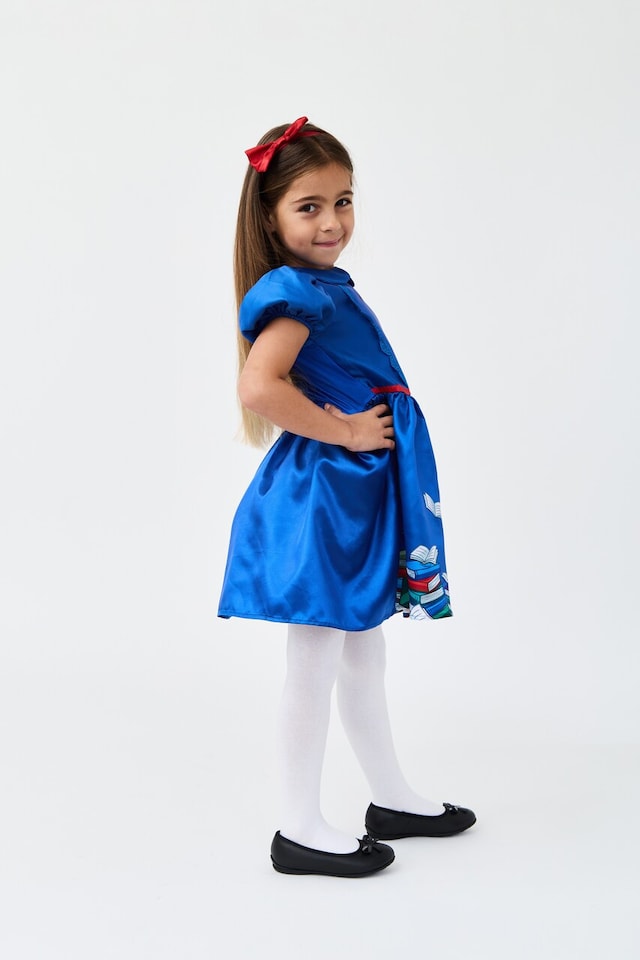 image 1 of School Book Worm With Bow Headband Girls Kids Costume - Fancy Dress, World Book Day and Parties - Ages 3-10 | Blue | Blue | 6-8 years