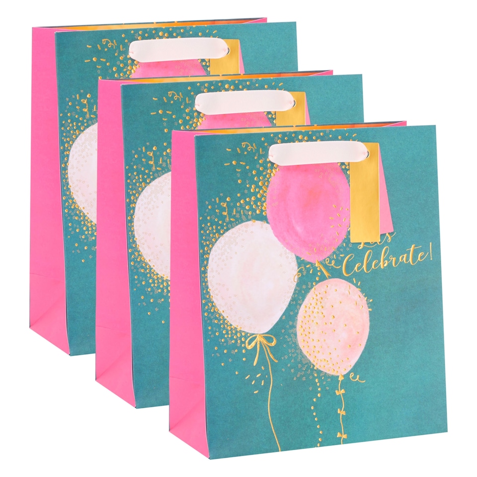 image 1 of Multipack of 3 Medium Gift Bags | Party Bags for Presents | Birthdays | For Her/Friend | Pink Balloons Design