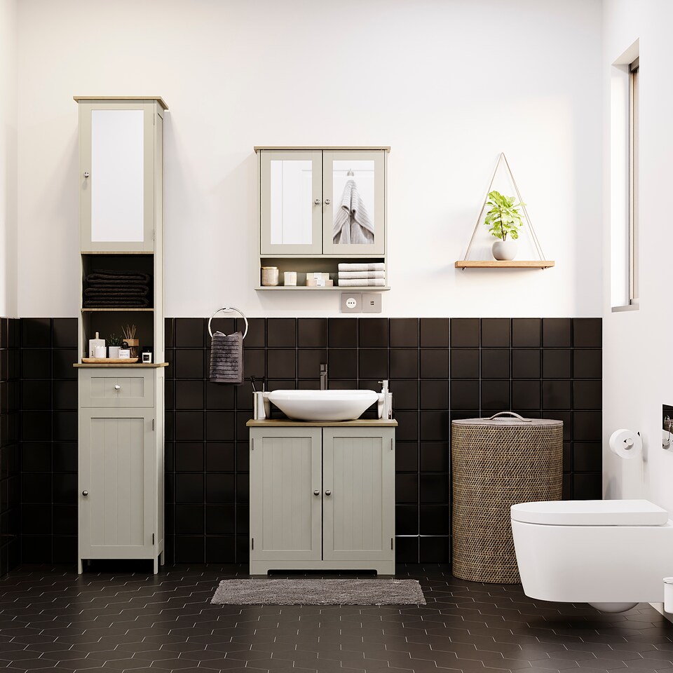 image 1 of Bath Vida Priano 2 Door Tall Bathroom Cabinet With Mirror, Grey & Oak