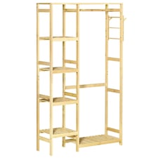 HOMCOM Bamboo Coat Rack w/ Hooks Hanging Rail and Storage Shelf for Entryway
