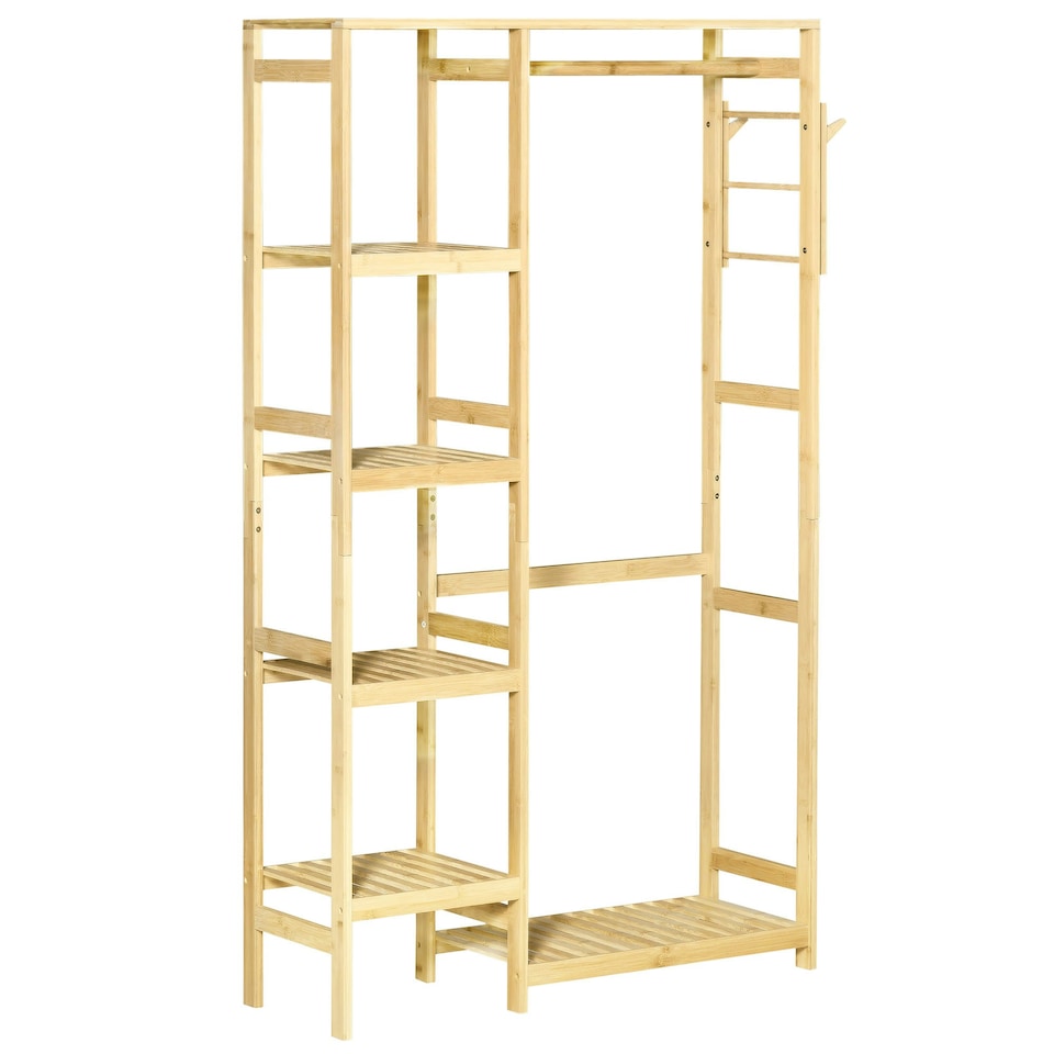 image 1 of HOMCOM Bamboo Coat Rack w/ Hooks Hanging Rail and Storage Shelf for Entryway